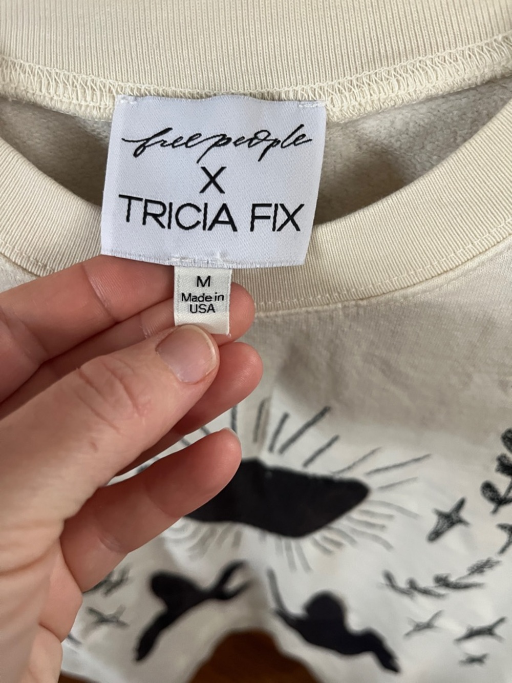 Free People Tricia Fix Cream Sweatshirt with Dark Navy Blue Embroidered Graphic - Picture 2 of 6